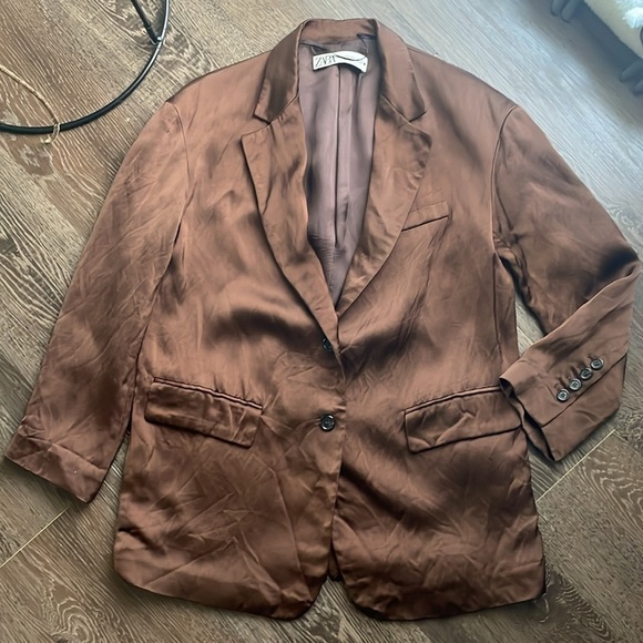 🤎Zara brown satin effect blazer linen viscose mix size small - Picture 2 of 11